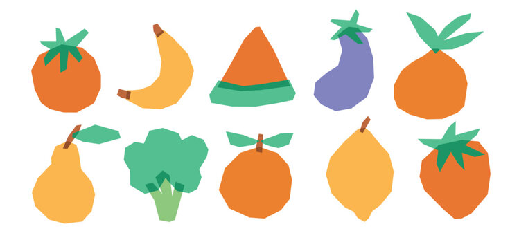 Set of fruits overlap transparent with riso print effect. Abstract risograph vegetable. Multiple lemon, watermelon and strawberry