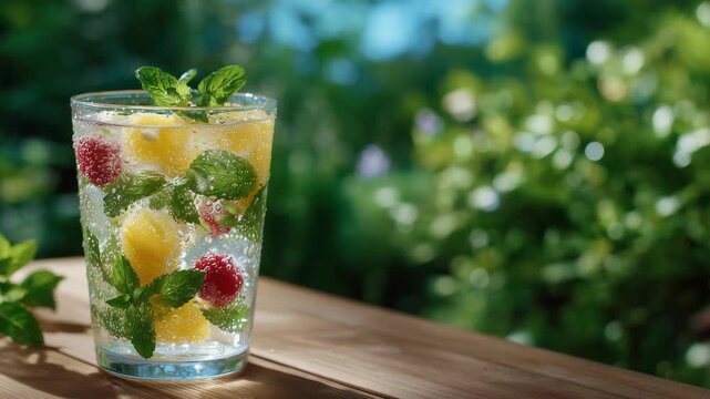 Close-up of a glass filled with infused water and mixed fruits, mint leaves suspended inside, condensation droplets catching light, wooden table surface, smooth bokeh background