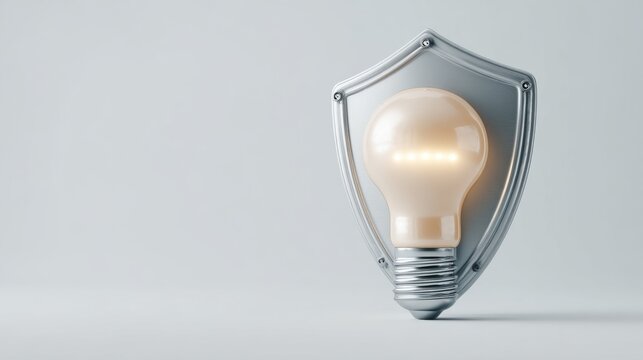Illuminated light bulb encased in a silver shield, symbolizing protection and bright ideas
