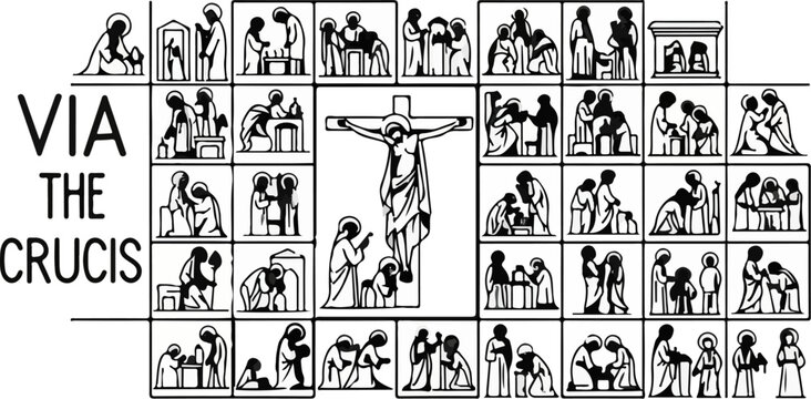 Stations of the Cross depicted in minimalist monochrome illustrations