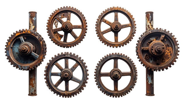 Rusty, aged industrial gears and shafts arranged in a symmetrical, isolated composition