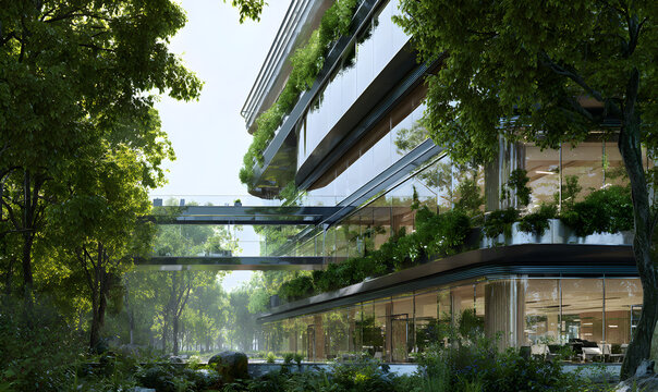 An eco-friendly building with big trees around to reduce heat and carbon dioxide.
