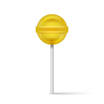 Realistic yellow lollipop on a stick isolated on white background front view as sweet candy 3d vector illustration.