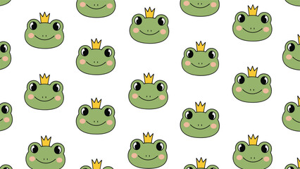 Obraz premium Charming seamless pattern of green frog heads wearing golden crowns and having pink cheeks is perfect for children designs.