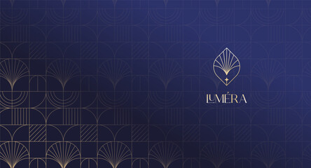 Fototapeta na wymiar Vintage Art Deco luxury dark blue background with gold line art seamless pattern. Golden geometric template design.