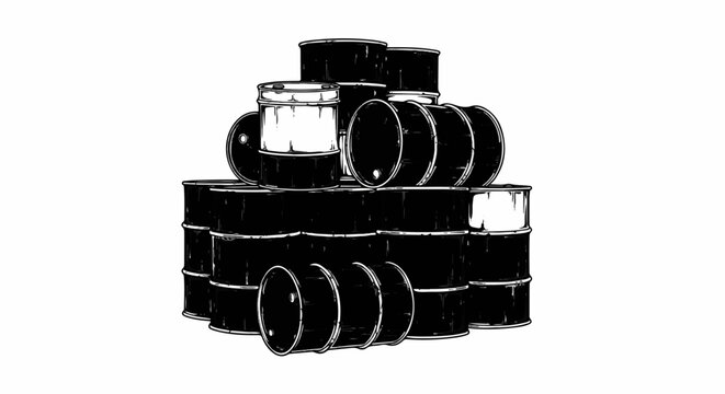 Stacked black and white metal drums in a haphazard pile