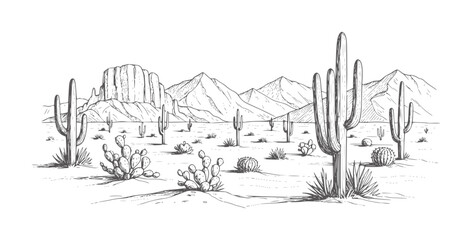 Hand drawn desert landscape with saguaro and prickly pear cacti cactus © Shamim