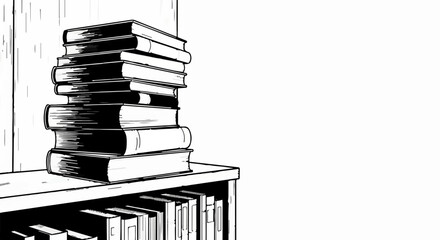 Stack of books on a shelf, with more books below