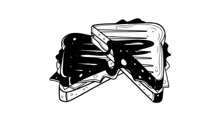 Stylized black and white illustration of a sandwich with dark, gooey filling