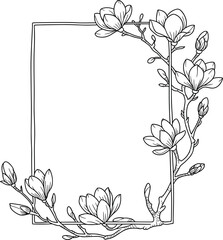Elegant magnolia flower frame line art, floral border for wedding invitation, botanical branch sketch, decorative rectangle vector design © Al