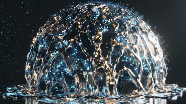 Water splash, liquid droplets, fluid spray creating illuminated spheres. Energetic motion movement. Global network, data flow, nightscapes