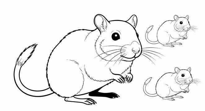 Outline drawing of a gerbil in the foreground and two smaller gerbils in the background