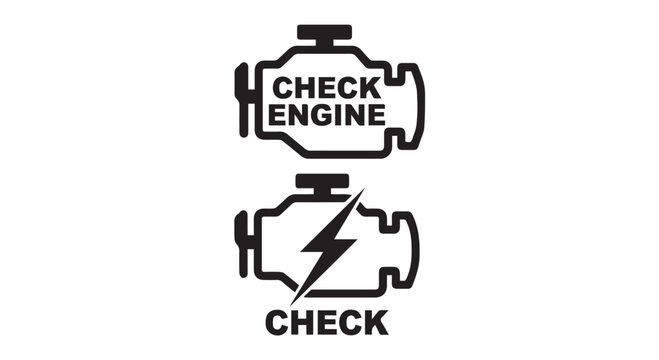 Black and white icons of check engine and generic warning lights for car dashboard