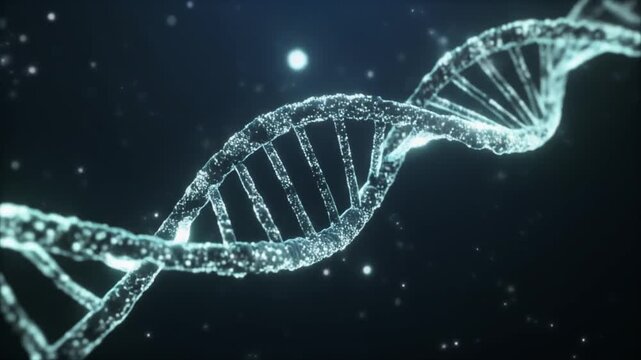 A glowing DNA double helix structure twists through space with stars