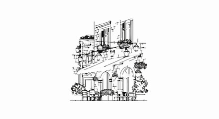 Obraz premium Sketch of a European cafe with awnings, plants, and lanterns