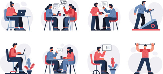 Diverse individuals engage in work, fitness, and communication activities