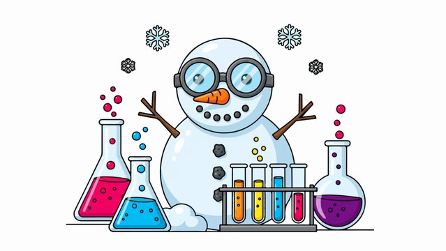 Cartoon snowman in goggles with science beakers and colorful liquids