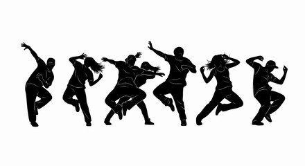 Obraz premium Silhouettes of seven diverse dancers frozen in dynamic, energetic poses on white