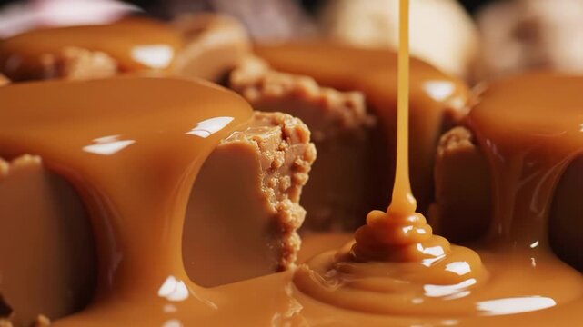 Rich caramel sauce pouring over fudge or toffee pieces