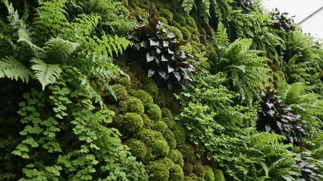 Lush green plants, vibrant foliage, stunning vertical garden, living wall showcasing diverse natural texture, radiating tranquility and fresh growth