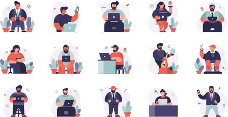 Diverse individuals engaged in various activities with digital devices and plants