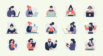 Fototapeta premium Diverse individuals engaged in various work and leisure activities, flat illustration style