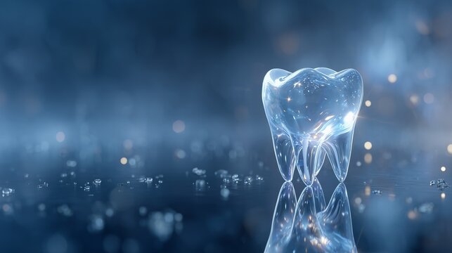 Transparent 3d tooth model with data point and light mesh, representing digital imaging dentistry and dental scan visualization.