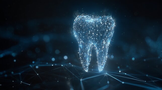 Holographic tooth rendered with digital mesh and data points representing digital imaging dentistry and dental scan visualization.