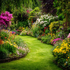 Obraz premium Beautiful Lush Flower Garden with Grassy Path