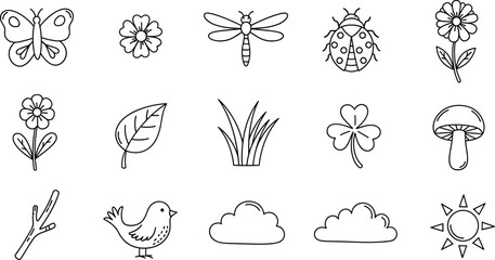 Collection of hand-drawn nature elements including insects, birds, flowers, and plants