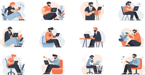 Diverse individuals engaged in digital activities, working, and relaxing