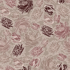  Elegant seamless floral pattern with hand-drawn flowers in soft taupe and mauve tones © Vivek