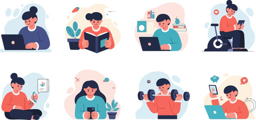 Fototapeta premium Flat illustrations of people engaging in various activities like work, reading, and fitness