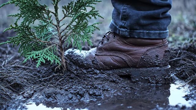 Persons foot, clad in sturdy boot, plants young green tree seedling deep within wet mud, fostering outdoor growth and natures future