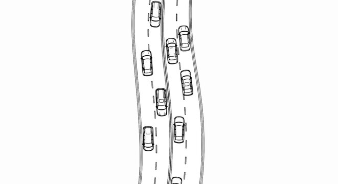 Cars driving on a multi-lane road, rendered in a simple line drawing style
