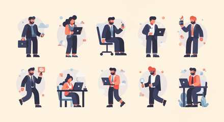 Stylized figures of people in business attire engaged in office work and activities