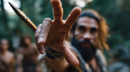 A powerful hand gesture reaching out, conveying intent and connection with nature, reflecting the deep human emotions tied to communication and survival instincts.