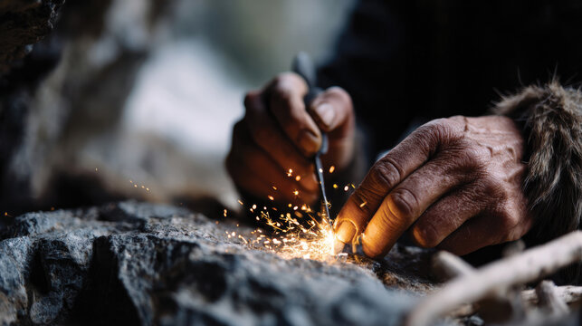 A detailed view of a craftsman striking flint to spark a fire, symbolizing essential survival skills and humanity's long-standing relationship with nature and fire.