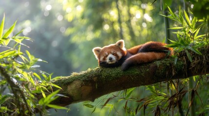 Fototapeta premium Red panda lounging peacefully on a moss-covered tree limb in misty forest