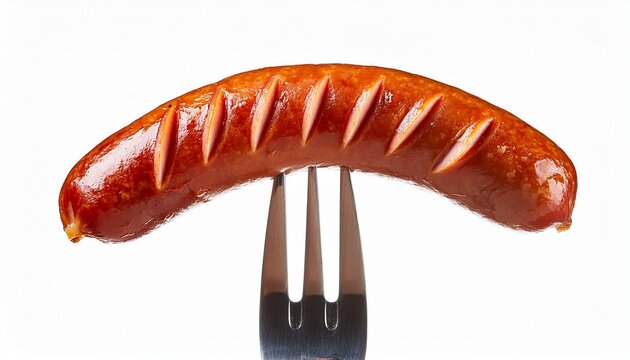 nicked sausage on old fork isolated