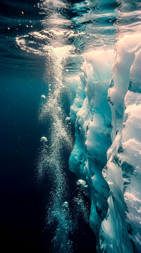 Vertical Underwater Ice Wall in Polar Ocean Translucent Blue Ice Formations Descending from Surface into Deep Dark Water Air Bubbles Trapped Arctic Underwater Photography Portrait
