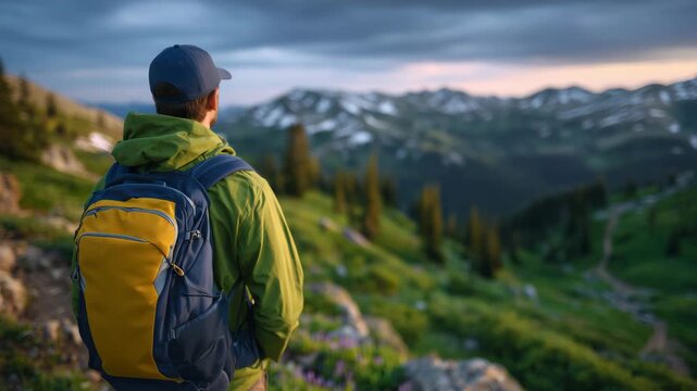 Faceless person standing on a cliff overlooking mountains, backpack visible, sunrise casting warm light, shallow depth of field, adventure travel stock image