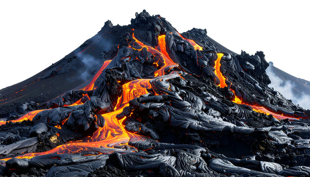 A dark, active volcano with glowing orange lava flows, steaming, and craggy terrain