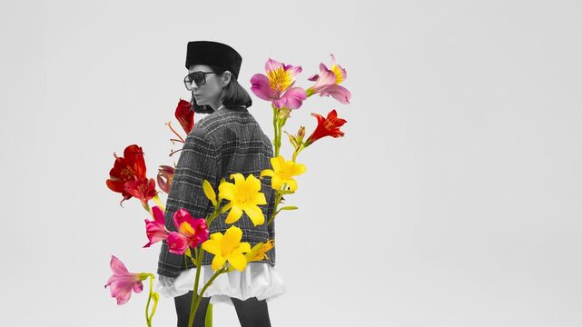 Woman fashion portrait with growing flowers surreal collage style animation for editorial design, creative advertising and modern fashion marketing visuals.