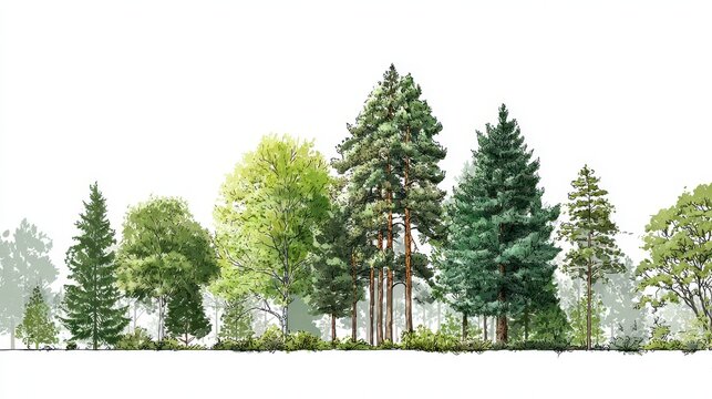 Isolated treeline on a white background &acirc;&euro;&rdquo; a detailed digital illustration of mixed trees