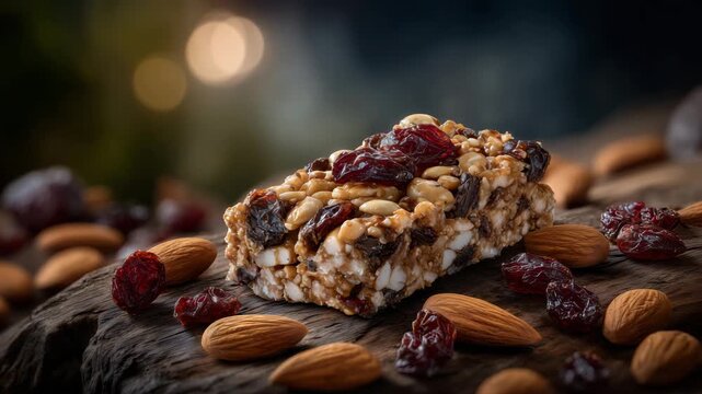 Healthy snack concept featuring an energy bar loaded with nuts and seeds, placed on wood with dried fruits and almonds around, soft ambient light, realistic textures, stock food im