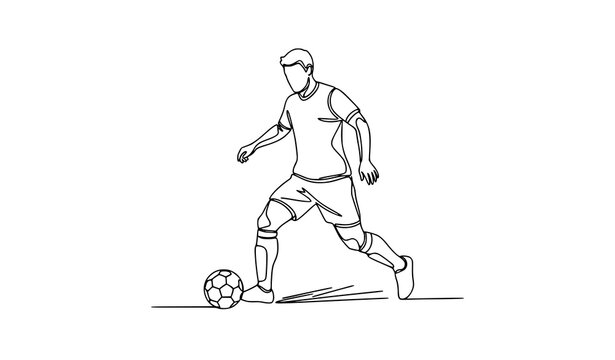 Continuous one line drawing football player dribbling ball minimalist black white sports vector illustration