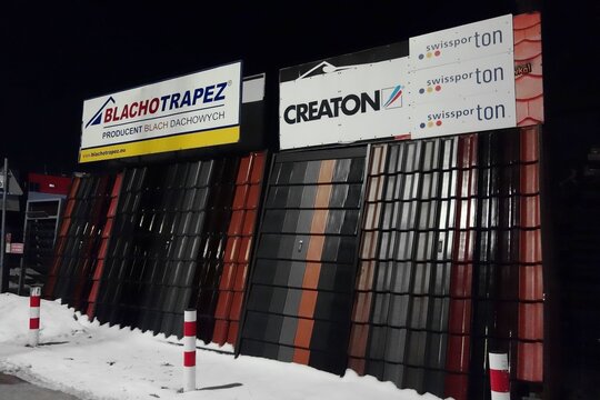Kielce, Świętokrzyskie, Poland - February, 19-2026: Blacho Trapez, manufacturer of sheet metal tile.