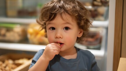Toddler selecting snack from diverse food options without adult restriction, intuitive eating principles applied early create healthy relationship with hunger and fullness signals, ideal for child