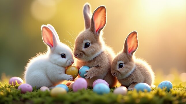 Mother Easter bunny with two babies sitting around nest of chocolate eggs, heartwarming family moment and spring nurturing